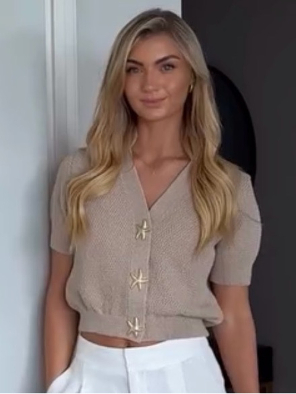 Zara Beige Waffle-Knit Short Sleeve Cardigan